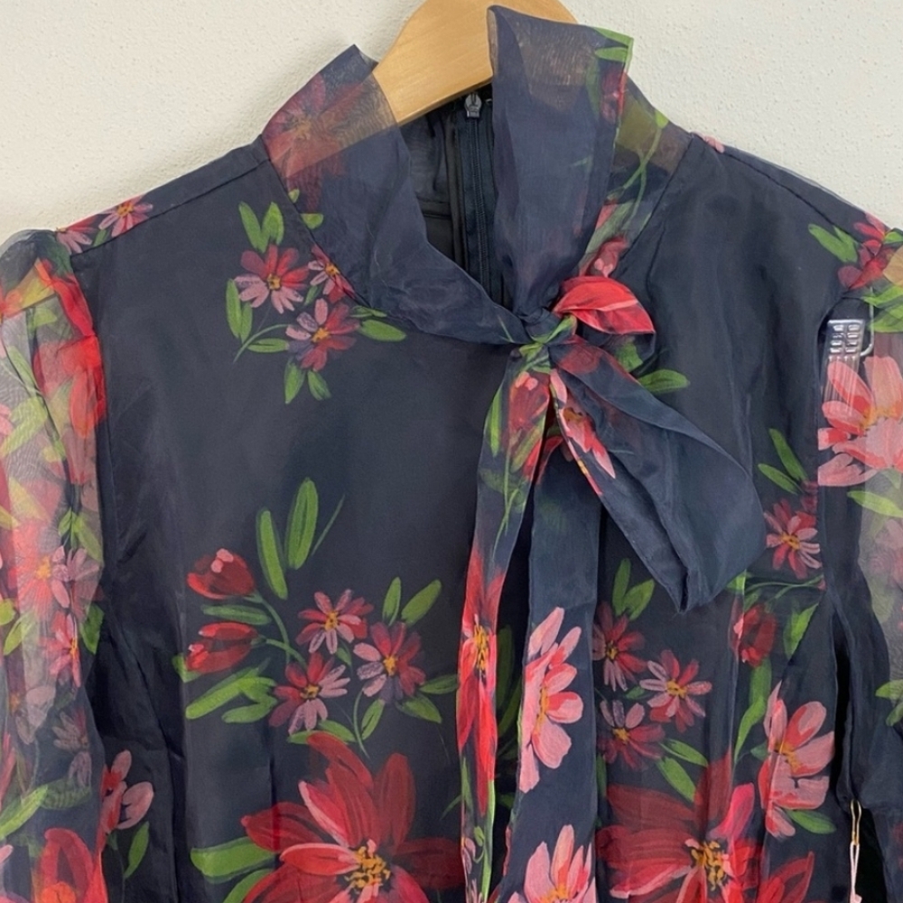 Rachell Parcell Women's Black Floral Tie Neck Organza Floral Mini Dress - Picture 5 of 8